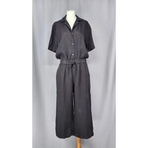 James Perse Jumpsuit Medium Black Linen Button Front Wide Leg Cropped Minimalist